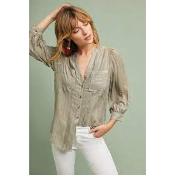 Anthropologie Akemi + Kin Itzel Metallic Buttondown Blouse Wool Blend Petite - Picture 1 of 11